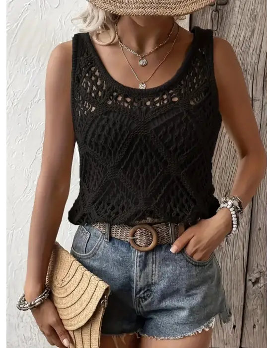 Kadın Askılı Yuvarlak Yaka Geometrik Desenli Triko Bluz