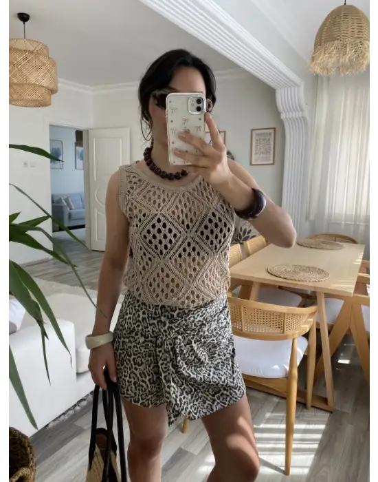 Kadın Askılı Yuvarlak Yaka Geometrik Desenli Triko Bluz