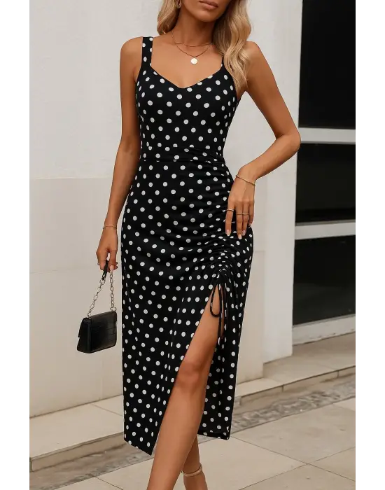 Kadın Askılı Yuvarlak Yaka Kalp Yaka Yandan Büzgülü Yırtmaç Detaylı Puantiyeli örme Krep Elbise