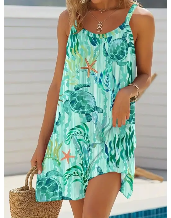 Kadın Askılı Yuvarlak Yaka Kaplumbağa Desenli Süprem Elbise