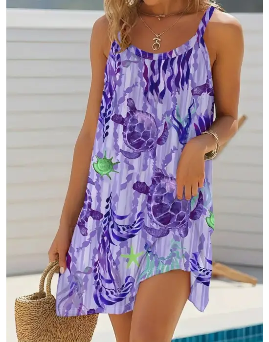 Kadın Askılı Yuvarlak Yaka Kaplumbağa Desenli Süprem Elbise