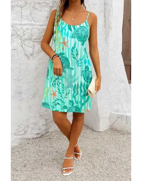 Omarı Kaplumbağa Desenli Askılı Elbise