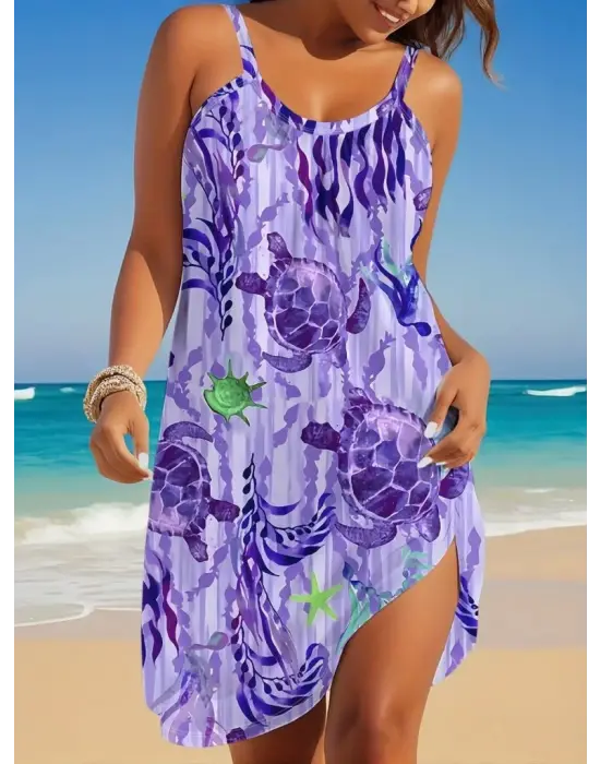 Kadın Askılı Yuvarlak Yaka Kaplumbağa Desenli Süprem Elbise