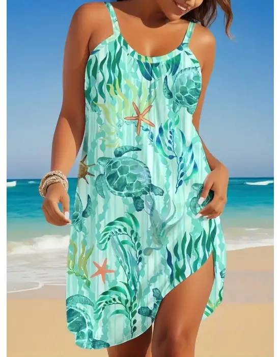 Kadın Askılı Yuvarlak Yaka Kaplumbağa Desenli Süprem Elbise