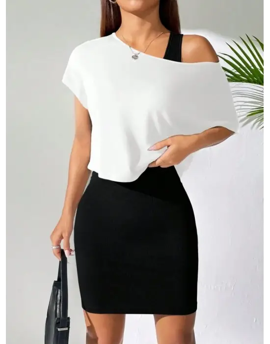 Kadın Askılı Yuvarlak Yaka Kısa Kaşkorse Elbise Ve Viskon Bluz Ikili Takım