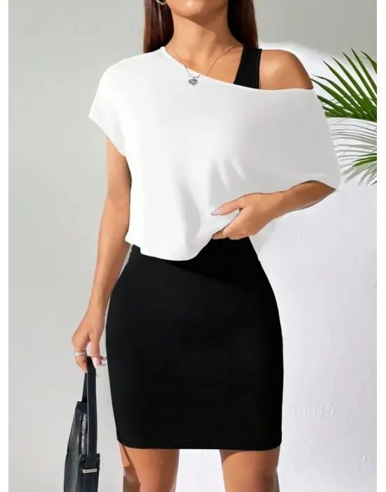 Kadın Askılı Yuvarlak Yaka Kısa Kaşkorse Elbise Ve Viskon Bluz Ikili Takım