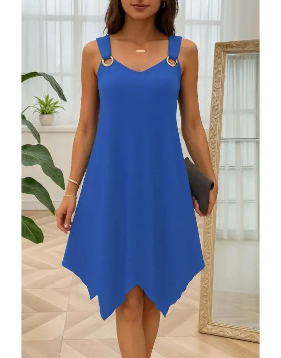 Kadın Askılı Yuvarlak Yaka Kuş Gözü Detaylı Asimetrik Viskon Elbise