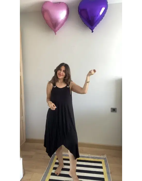 Omarı Asimetrik Kuş Gözü Detaylı Viskon Elbise