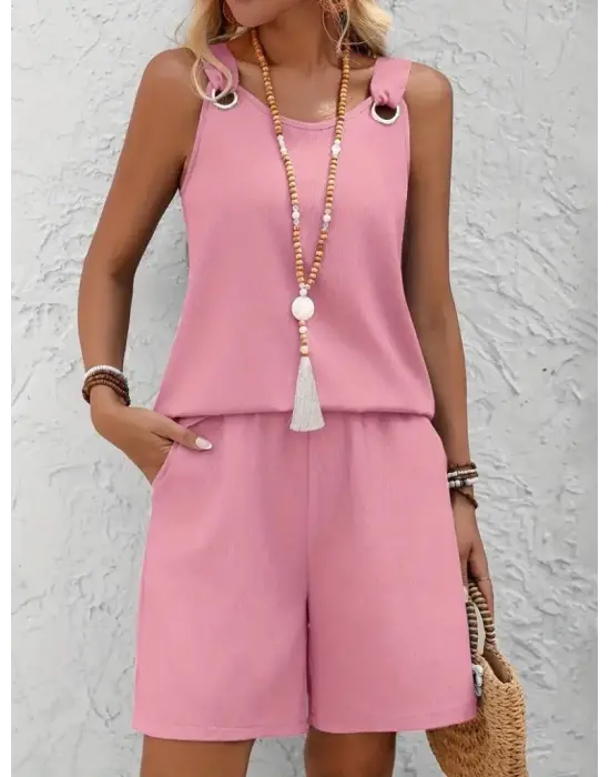 Omarı Yuvarlak Yaka Bürümcük Bluz ve Short Takım