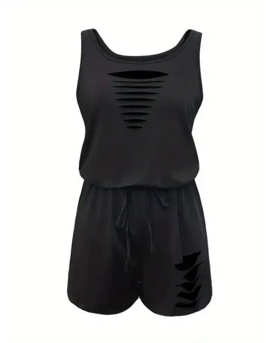 Kadın Askılı Yuvarlak Yaka Lazer Kesim Detaylı Bağcıklı Kısa Viskon Tulum