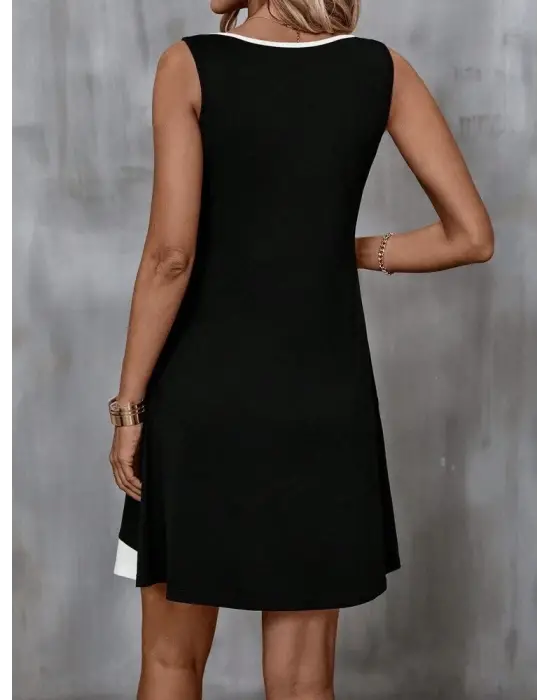 Kadın Askılı Yuvarlak Yaka önden Düğmeli çift Renkli Viskon Elbise