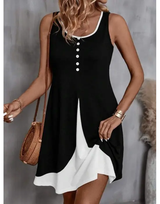 Kadın Askılı Yuvarlak Yaka önden Düğmeli çift Renkli Viskon Elbise