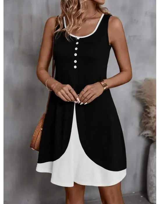 Kadın Askılı Yuvarlak Yaka önden Düğmeli çift Renkli Viskon Elbise