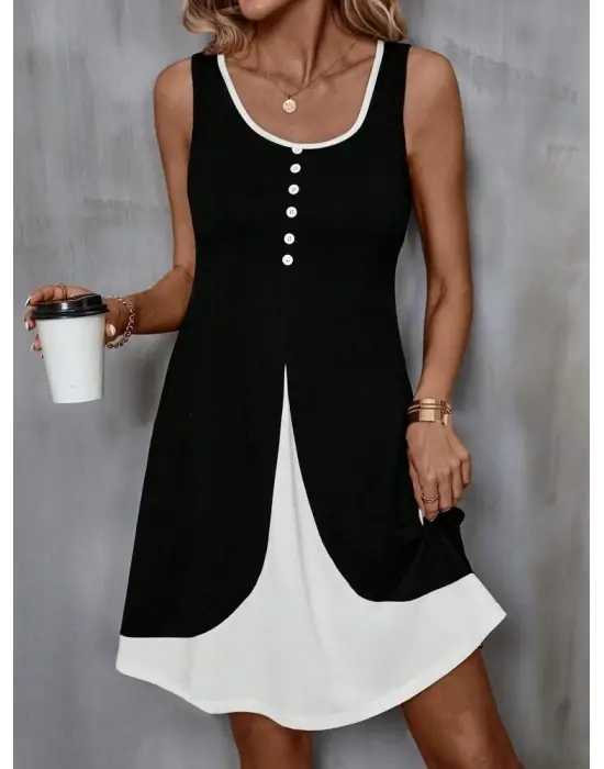 Kadın Askılı Yuvarlak Yaka önden Düğmeli çift Renkli Viskon Elbise