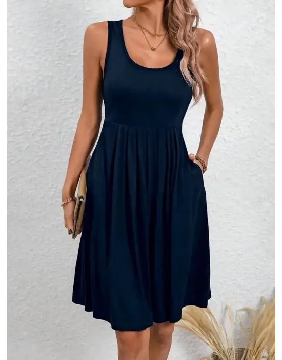 Kadın Askılı Yuvarlak Yaka önden Pileli Viskon Elbise