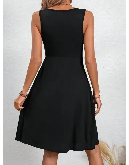 Kadın Askılı Yuvarlak Yaka önden Pileli Viskon Elbise