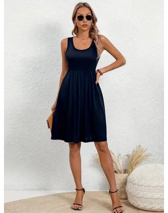 Kadın Askılı Yuvarlak Yaka önden Pileli Viskon Elbise