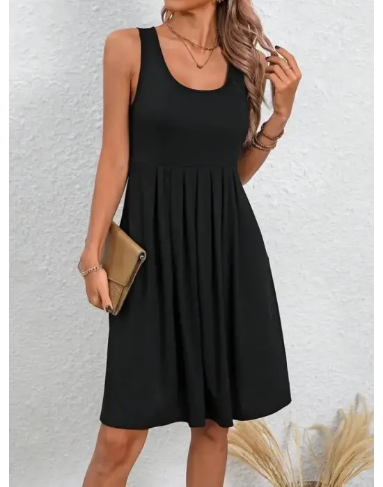 Kadın Askılı Yuvarlak Yaka önden Pileli Viskon Elbise