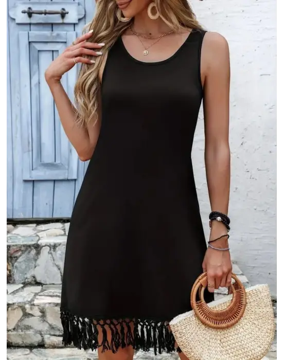 Kadın Askılı Yuvarlak Yaka Püsküllü Midi Viskon Elbise