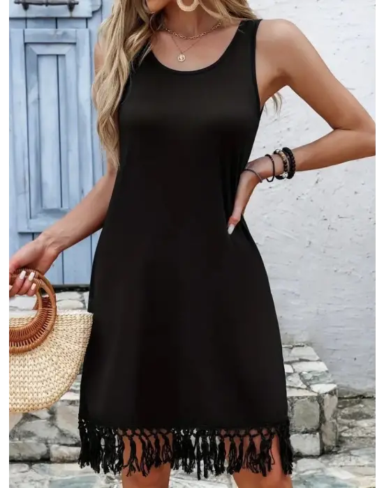 Omarı Yuvarlak Yaka Püsküllü Viskon Elbise Modeli