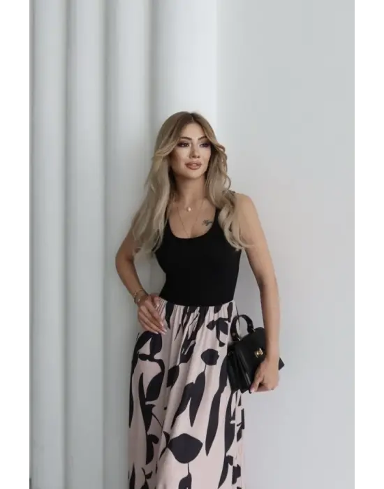 Kadın Askılı Yuvarlak Yaka üst Viskon Alt Desenli Uzun Süprem Elbise