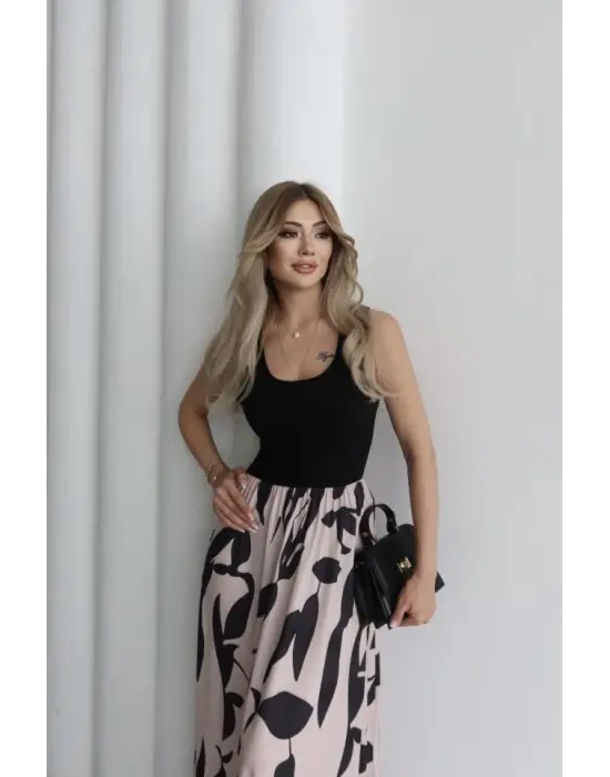 Kadın Askılı Yuvarlak Yaka üst Viskon Alt Desenli Uzun Süprem Elbise