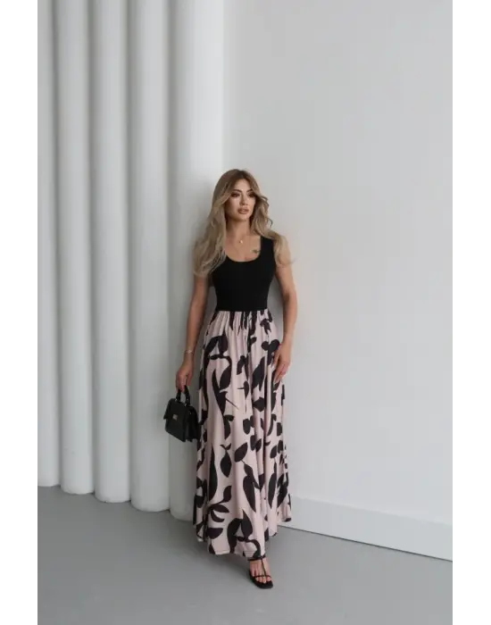 Kadın Askılı Yuvarlak Yaka üst Viskon Alt Desenli Uzun Süprem Elbise