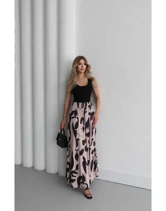 Kadın Askılı Yuvarlak Yaka üst Viskon Alt Desenli Uzun Süprem Elbise