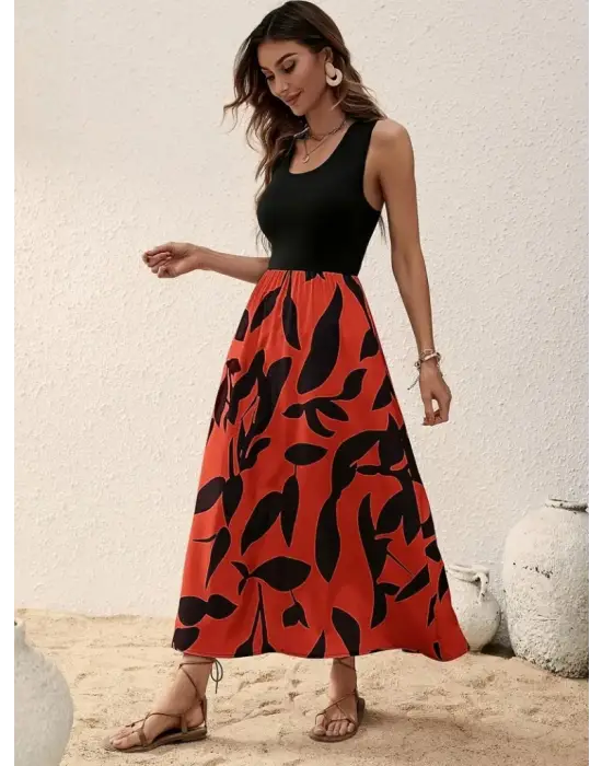 Omarı Yuvarlak Yaka Alt Desenli Uzun Elbise