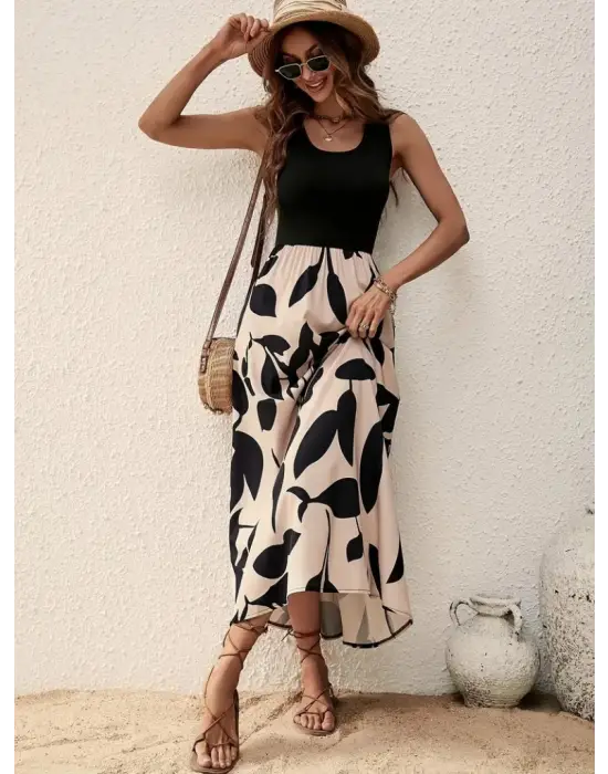 Kadın Askılı Yuvarlak Yaka üst Viskon Alt Desenli Uzun Süprem Elbise