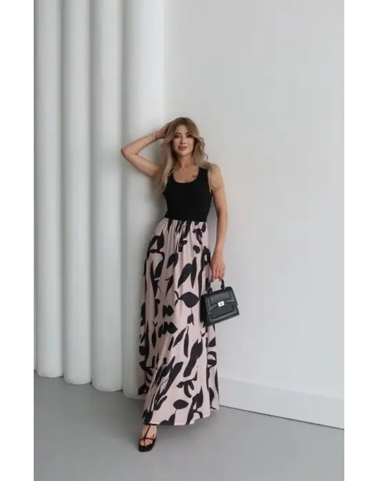 Kadın Askılı Yuvarlak Yaka üst Viskon Alt Desenli Uzun Süprem Elbise