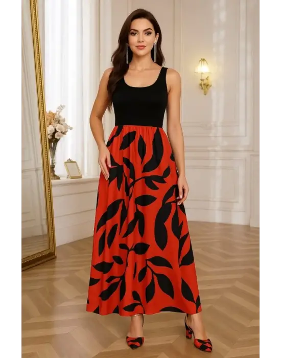 Kadın Askılı Yuvarlak Yaka üst Viskon Alt Desenli Uzun Süprem Elbise