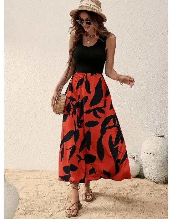 Omarı Yuvarlak Yaka Alt Desenli Uzun Elbise