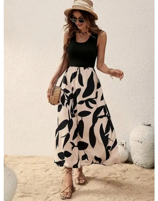 Kadın Askılı Yuvarlak Yaka üst Viskon Alt Desenli Uzun Süprem Elbise