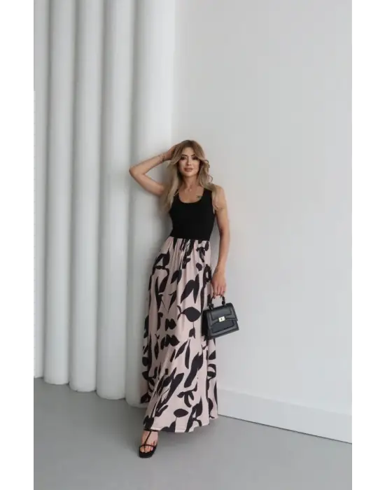 Kadın Askılı Yuvarlak Yaka üst Viskon Alt Desenli Uzun Süprem Elbise