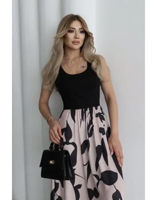 Kadın Askılı Yuvarlak Yaka üst Viskon Alt Desenli Uzun Süprem Elbise