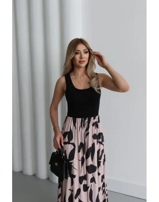 Kadın Askılı Yuvarlak Yaka üst Viskon Alt Desenli Uzun Süprem Elbise