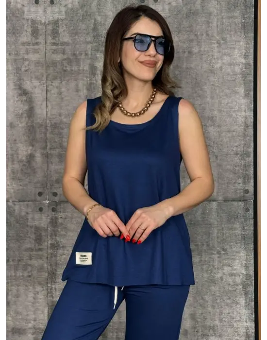 Kadın Askılı Yuvarlak Yaka Viskon Iki Iplik Bluz Ve Eşofman Altı Ikili Takım