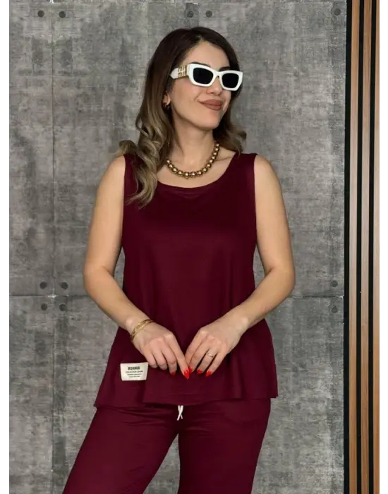 Kadın Askılı Yuvarlak Yaka Viskon Iki Iplik Bluz Ve Eşofman Altı Ikili Takım