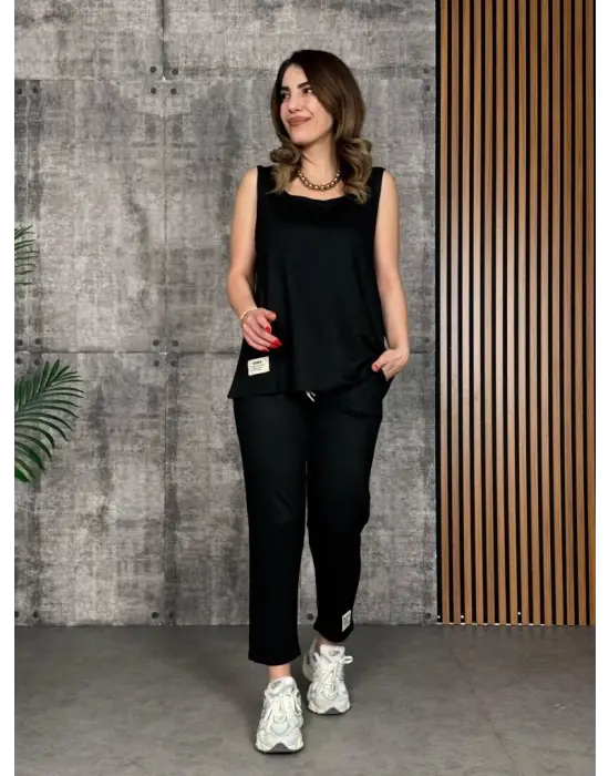 Kadın Askılı Yuvarlak Yaka Viskon Iki Iplik Bluz Ve Eşofman Altı Ikili Takım