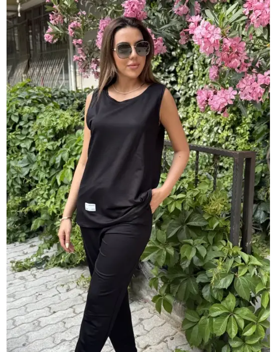 Kadın Askılı Yuvarlak Yaka Viskon Iki Iplik Bluz Ve Eşofman Altı Ikili Takım