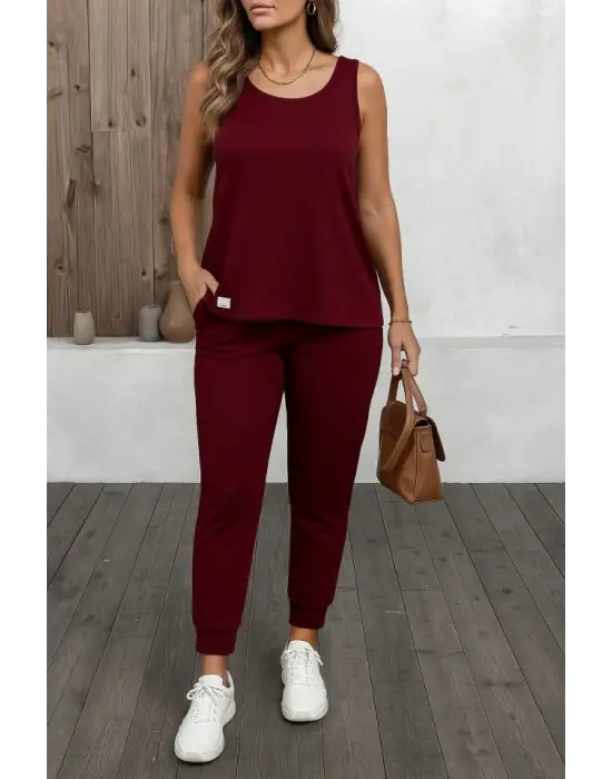 Kadın Askılı Yuvarlak Yaka Viskon Iki Iplik Bluz Ve Eşofman Altı Ikili Takım