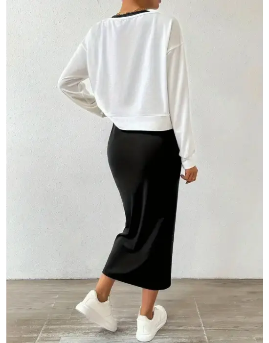 Kadın Askılı Yuvarlak Yaka Viskon Iki Iplik Elbise Ve V Yakalı Bluz Ikili Takım