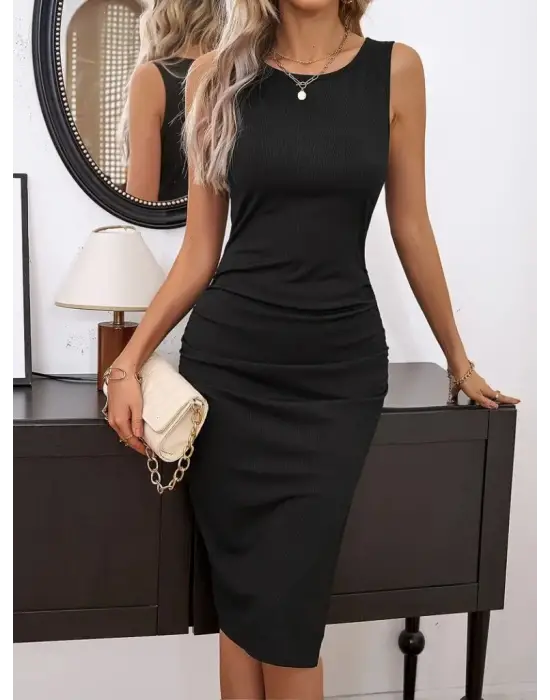 Kadın Askılı Yuvarlak Yaka Yandan Yırtmaç Ve Büzgü Detaylı Janjan Krep Elbise