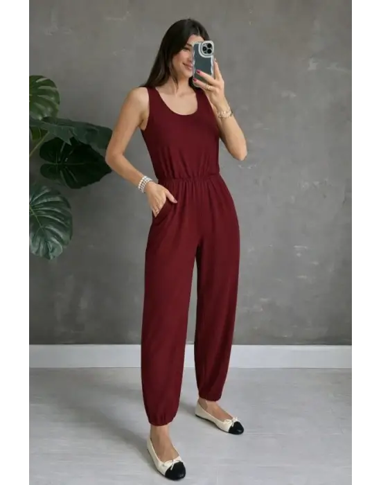 Kadın Askılı Yuvarlak Yakalı Cepli Viskon Tulum