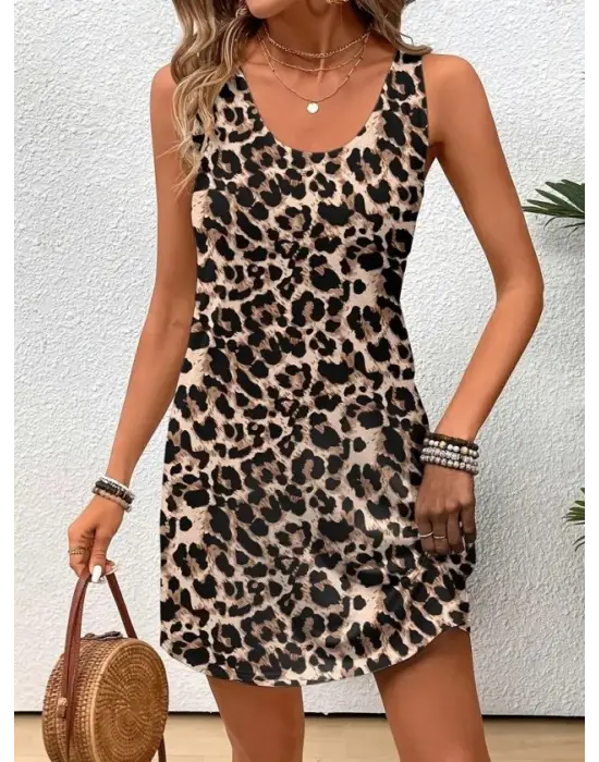 Kadın Askılı Yuvarlak Yakalı Kısa Leopar Desenli Süprem Elbise