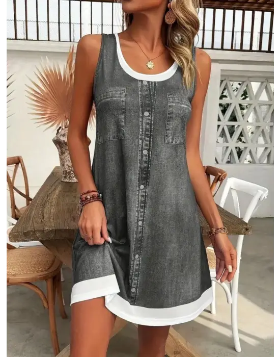 Omarı Şık Askılı Kot Görünümlü Elbise