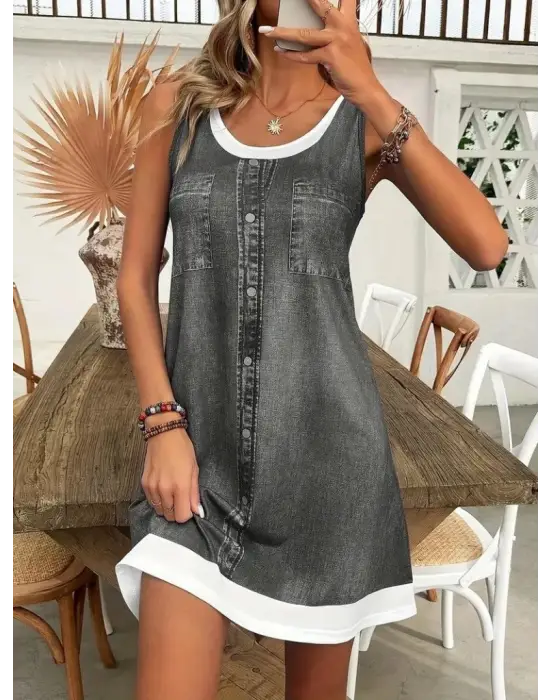 Omarı Şık Askılı Kot Görünümlü Elbise