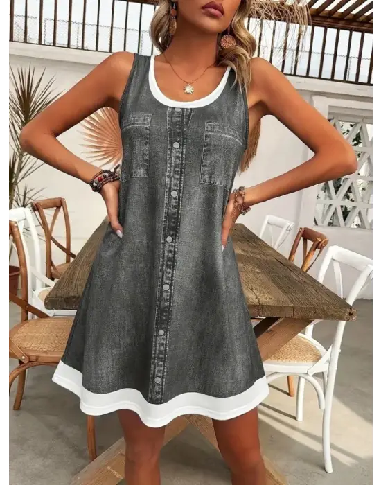 Omarı Şık Askılı Kot Görünümlü Elbise