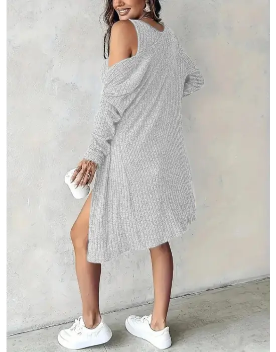 Kadın Askılı Yuvarlak Yakalı önü Düğmeli şardonlu Kaşkorse Mini Elbise Ve Kısa Ceket